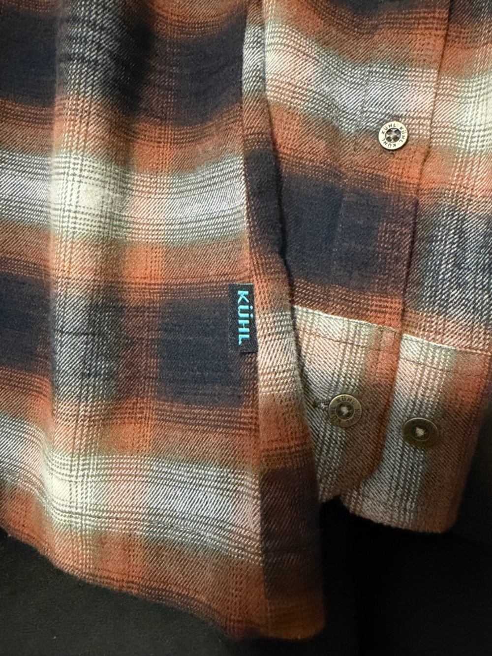 Kuhl Medium Brown, Orange & Black Plaid Flannel Shirt - Picture 6 of 13